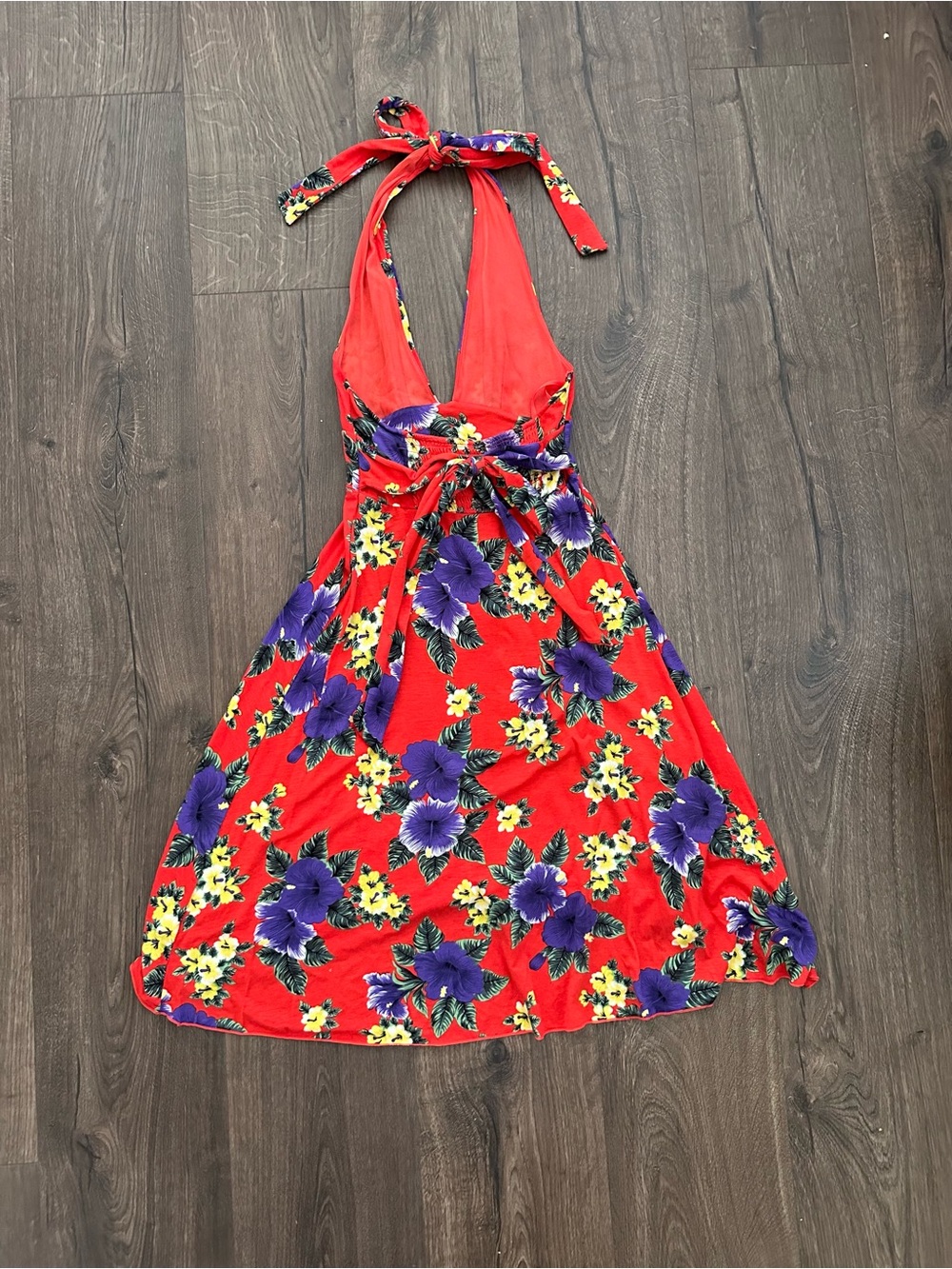 Free People Red Floral Halter Dress with Purple & Yellow Blooms - Picture 4 of 7
